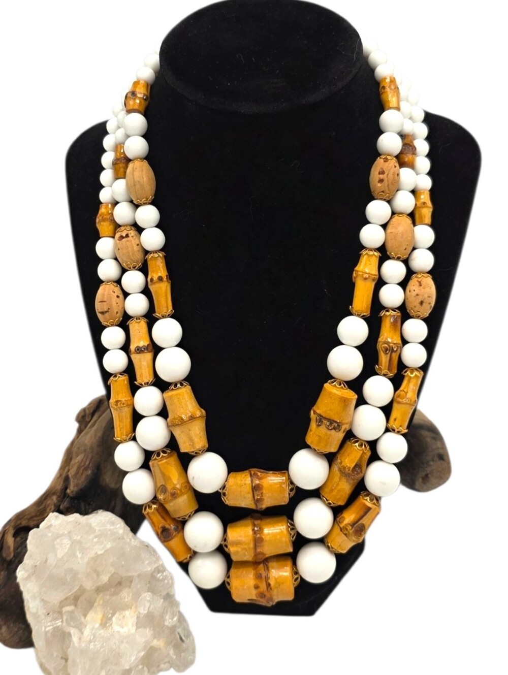 Vintage 60s 70s Bamboo White Bead Triple Strand Statement Necklace Tiki 25.5"